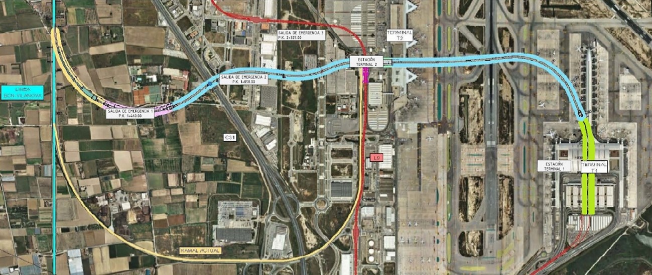 Plano del acceso ferroviario a la terminal 1 del aeropuerto